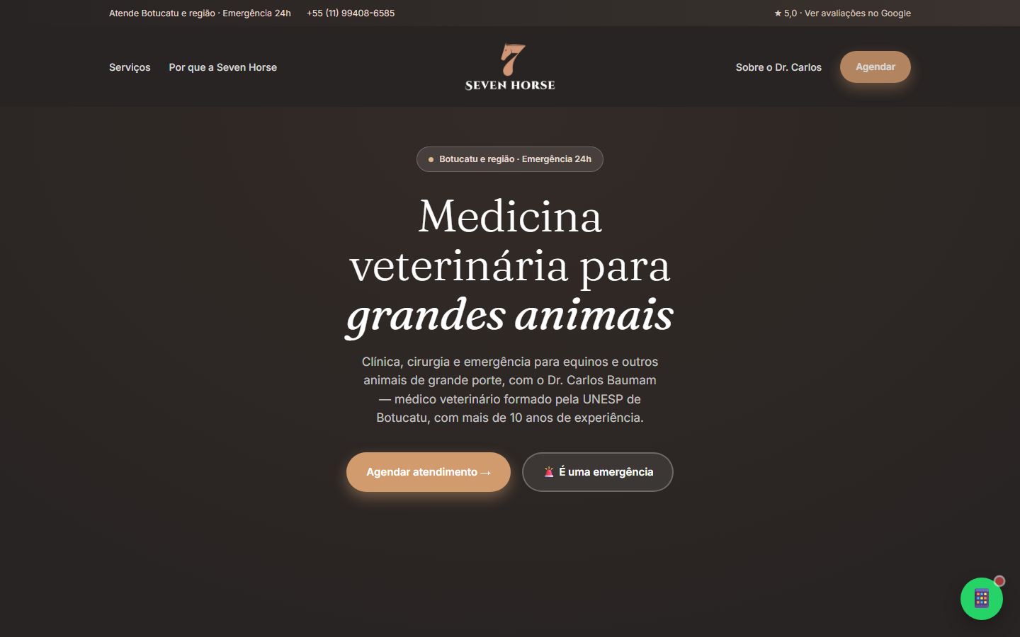 Página inicial do site da Seven Horse, medicina veterinária de grandes animais em Botucatu